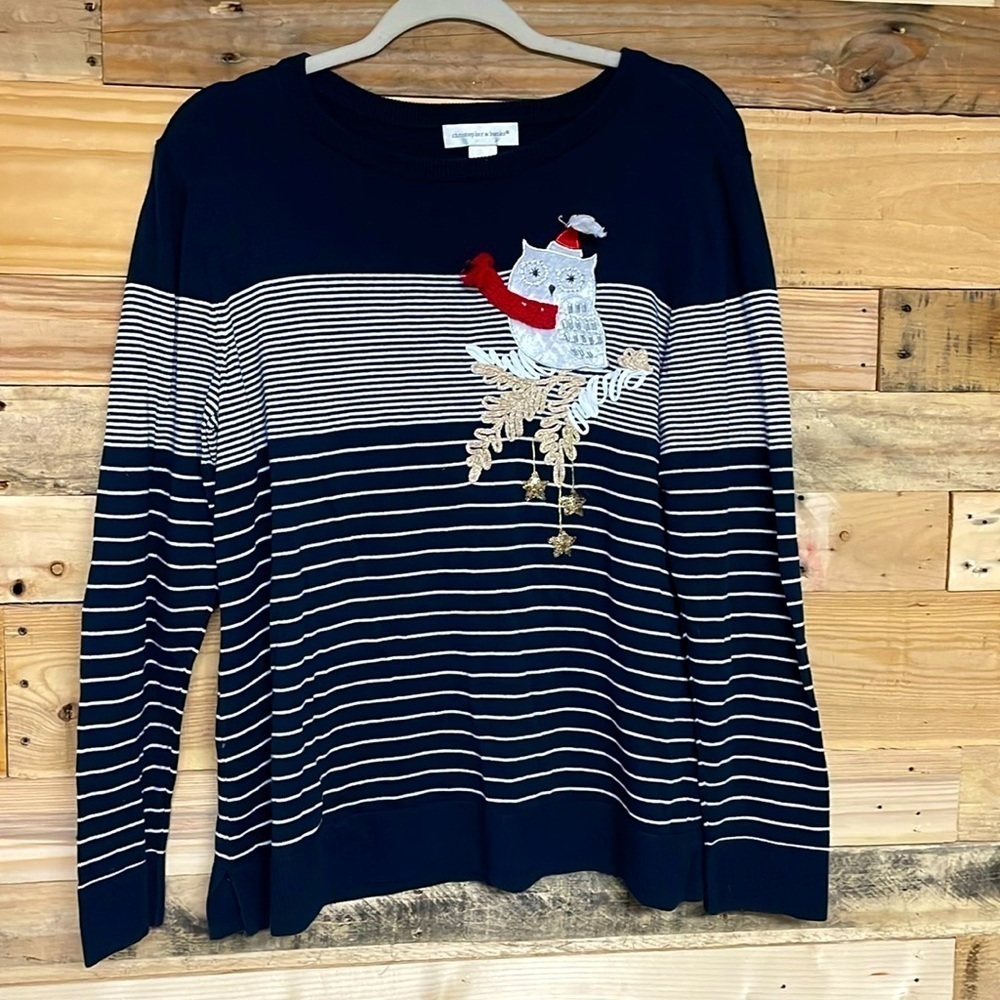 Christopher & Banks size large navy and white stripe with Christmas owl sweater